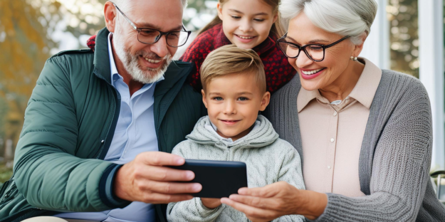 grandparents looking at social media with grandchildren