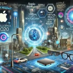 Futuristic digital scene featuring Apple's latest technology including Apple Intelligence, Siri, augmented reality glasses, and various Apple devices. Background shows a tech-savvy cityscape with the text 'Apple WWDC 2024