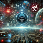 Futuristic digital landscape depicting cybersecurity with hacking elements such as binary code streams, digital skulls, and holographic data displays.