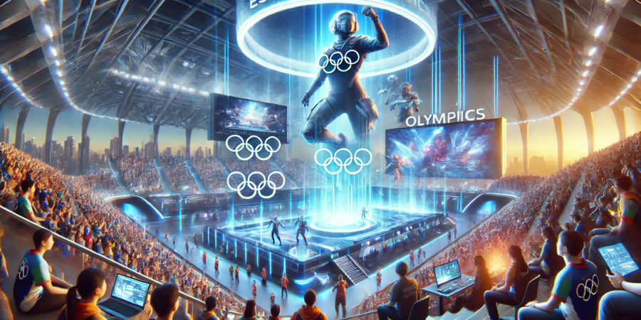 Hyperrealistic image of the future of esports in the Olympics with a futuristic stadium, holographic screens, and enthusiastic crowd