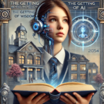 Futuristic reimagining of 'The Getting of Wisdom' book cover, featuring a teenage girl holding a holographic device, set against a backdrop of a school blending traditional architecture with advanced technology in the year 2054