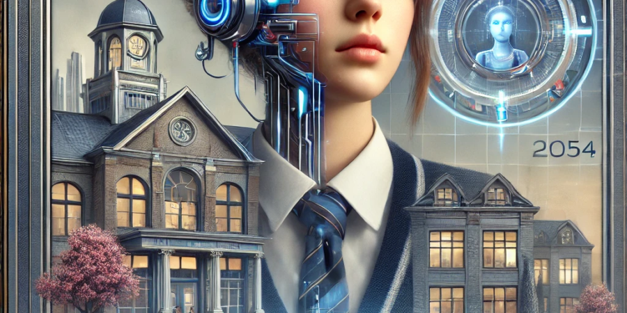 Futuristic reimagining of 'The Getting of Wisdom' book cover, featuring a teenage girl holding a holographic device, set against a backdrop of a school blending traditional architecture with advanced technology in the year 2054