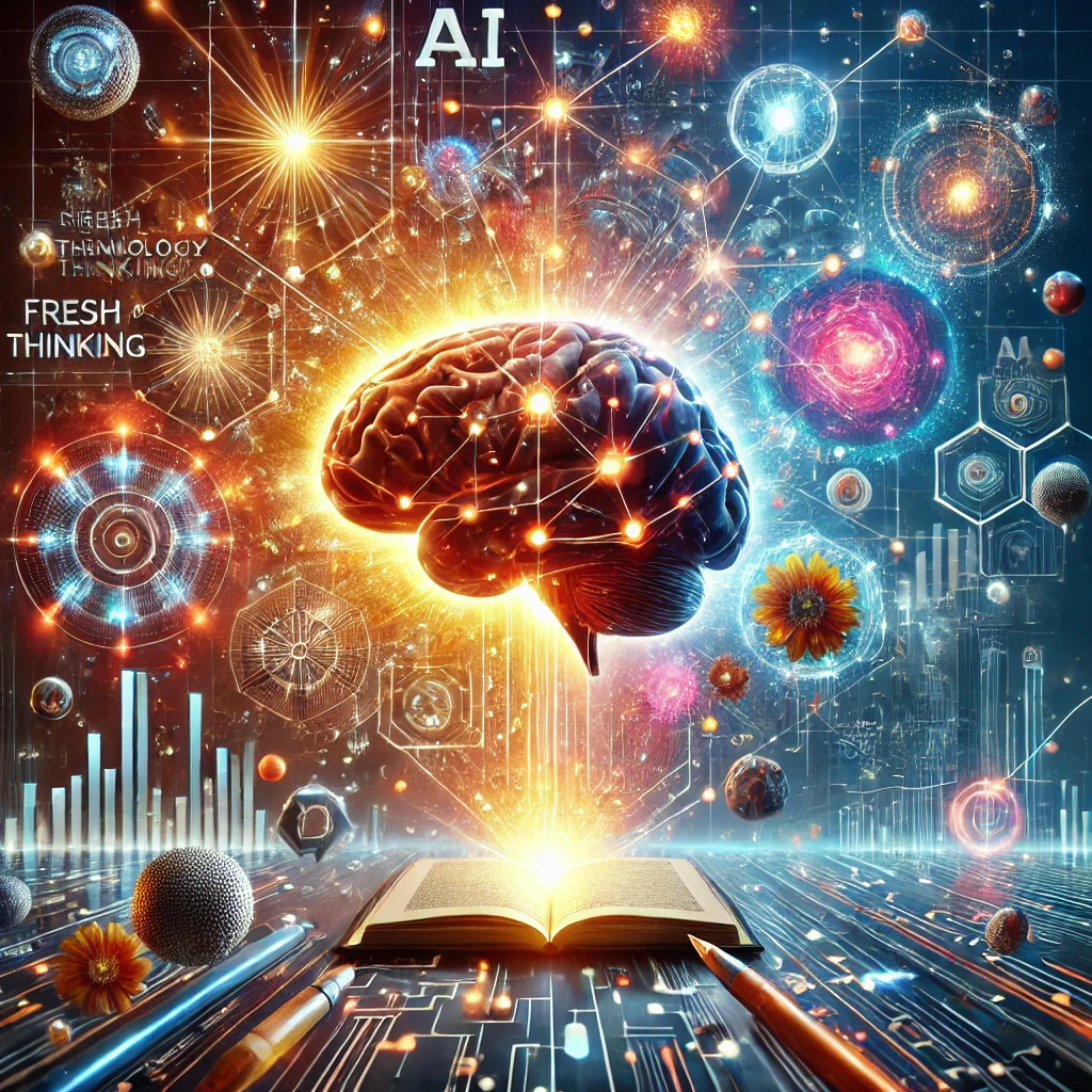 A bright and inspiring image that depicts a futuristic world where storytelling sparks imagination, fresh thinking, and possibilities. A glowing brain with neural connections represents ideas, while a book unravels into dynamic futuristic scenes, symbolizing the blend of AI, technology, and human creativity.