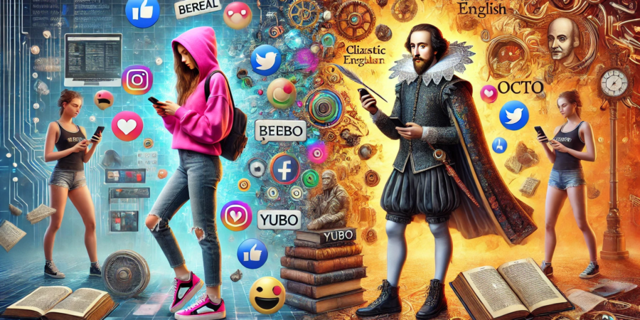 A young woman in modern teenage fashion holding a smartphone, with emojis and icons floating around her, contrasted with a figure dressed in Shakespearean attire holding a quill, surrounded by old books and Elizabethan phrases