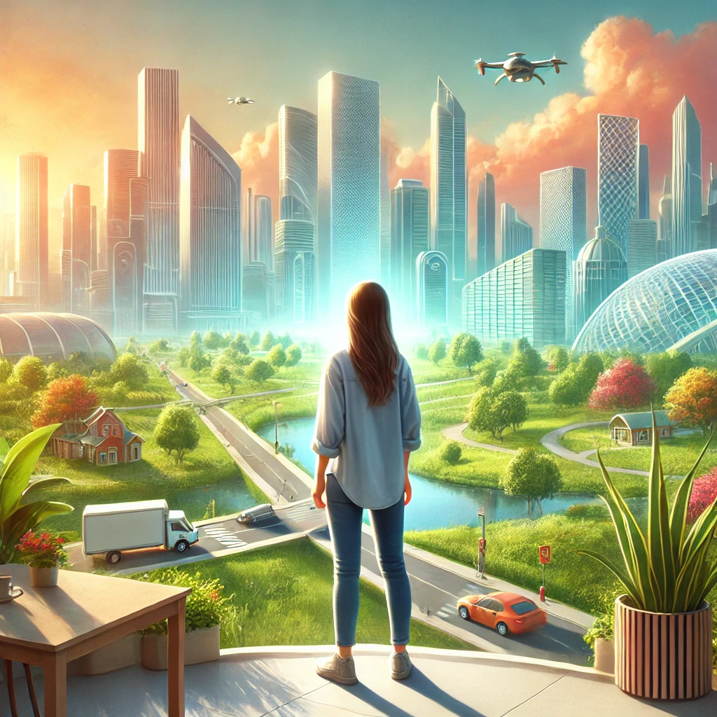 A-young-woman-standing-at-the-threshold-of-adulthood-looking-towards-a-vibrant-cityscape-of-the-future.-The-city-features-green-spaces-sleek-buildin