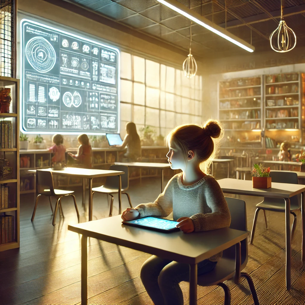 A-young-girl-in-a-futuristic-classroom-that-still-retains-a-warm-human-centric-atmosphere.-She-is-seated-at-a-desk-engaged-with-subtle-technology