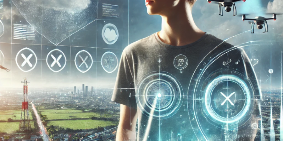 A casually dressed individual wearing sleek XR glasses receives a personalised weather forecast through a holographic display. Drones and satellites collect real-time weather data in the futuristic cityscape background.