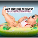 Baby wearing sunglasses lounging in a swim float with the caption 'By 2040’ish, every baby comes with its own unique instruction manual.' Part of Morris Misel’s 'Eye on the Future' series, one of 52 'Imagine the Future' provocation cards.