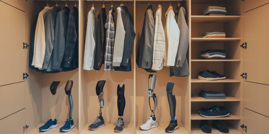 A high-resolution, conceptual image of a sleek and modern wardrobe featuring neatly arranged everyday men's clothing, such as jackets, shirts, and trousers, displayed in an organised manner. Below the clothing, a collection of prosthetic legs is showcased prominently, each designed for different functions: a sleek running blade, a reinforced hiking prosthetic, a high-tech AI-enhanced limb, and a stylish everyday prosthetic. The wardrobe is minimalistic and clutter-free, with no shoes or unnecessary items, ensuring that the focus remains on the diversity and functionality of the prosthetic legs. The scene is warm, contemporary, and aspirational, highlighting the seamless integration of advanced prosthetics into daily life.